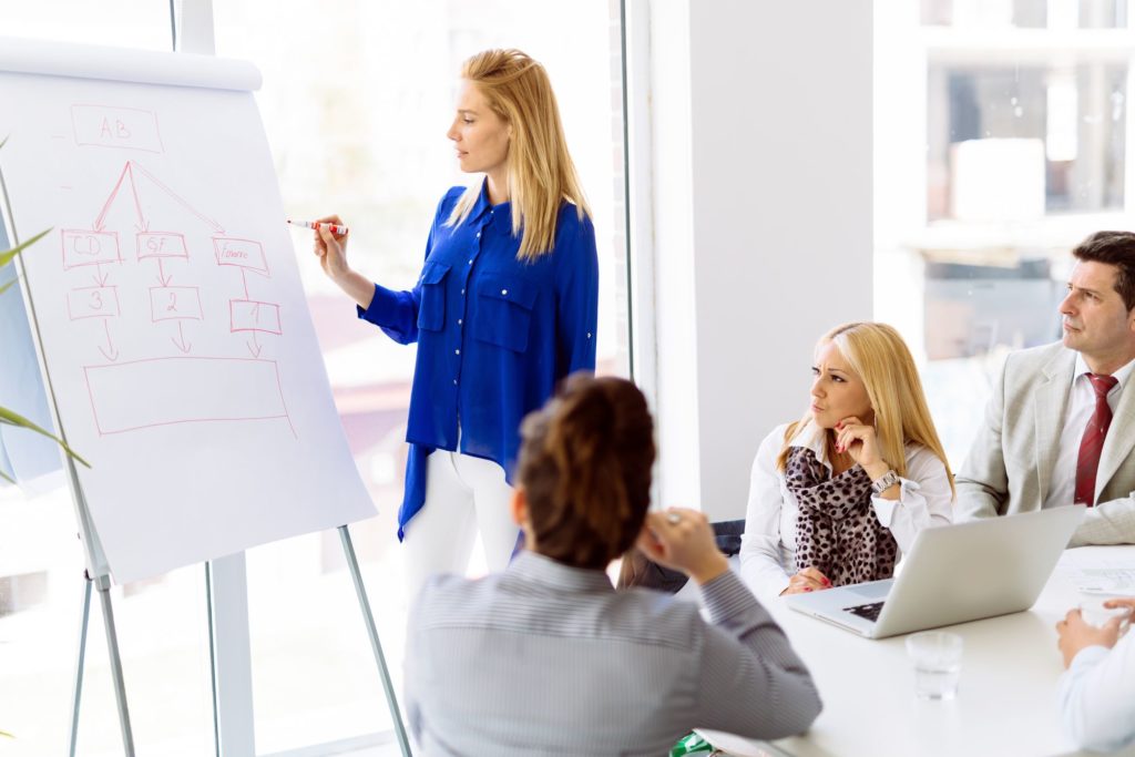 Businesspeople collaborating and talking through new ideas in office
