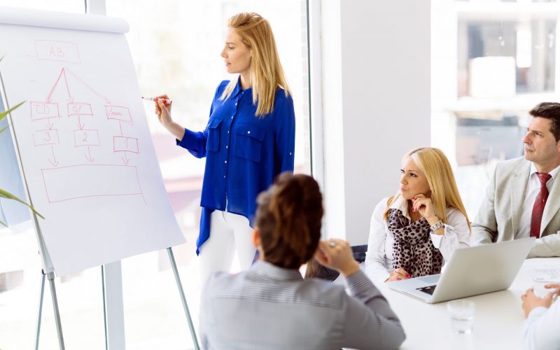 Businesspeople collaborating and talking through new ideas in office